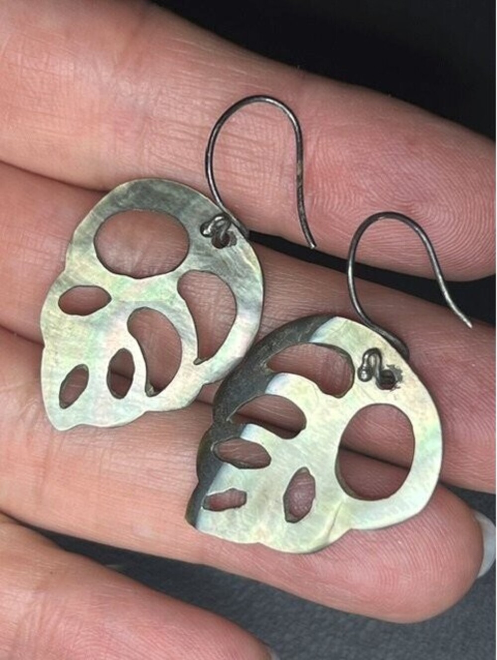 B7311 Sterling Silver *unmarked Mother of Pearl Leaf Dangle Earring Artsy 42mm